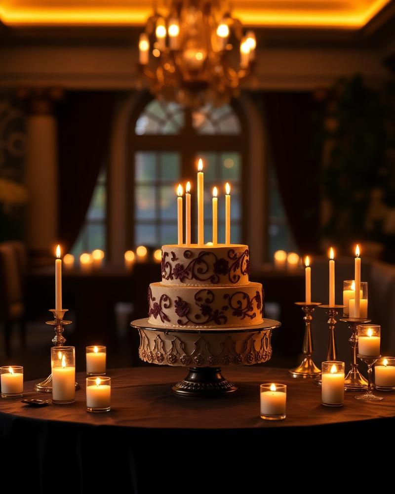 Elegant celebration cake with candles in a villa dining room