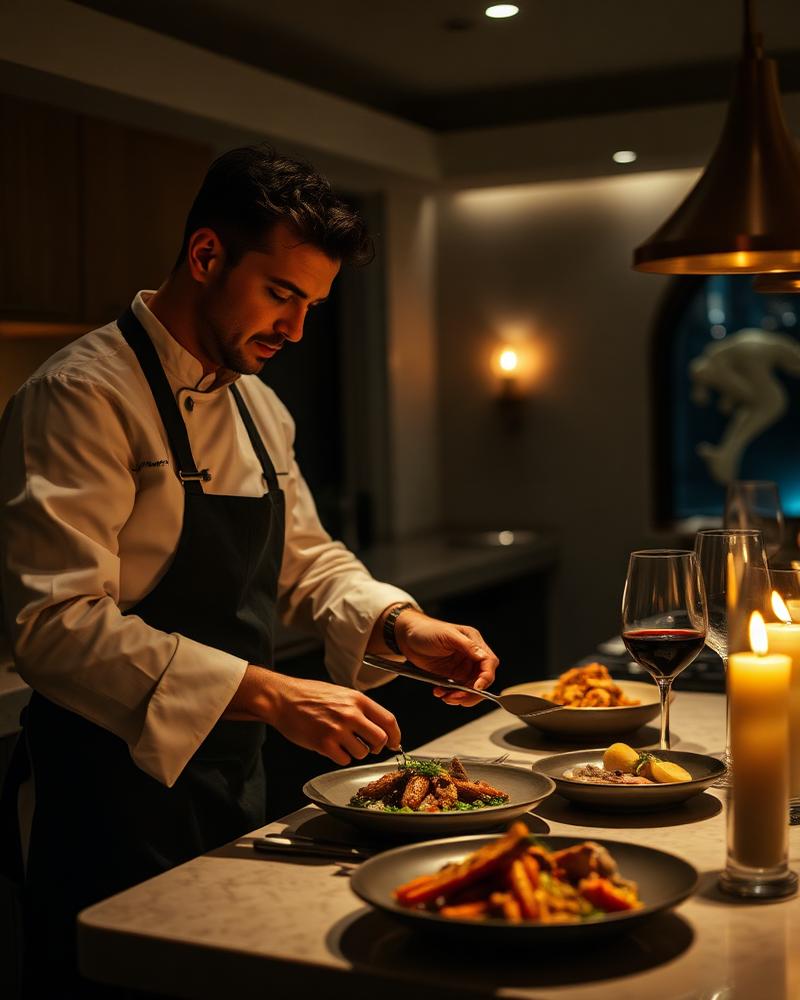 Private chef plating a gourmet dinner in a luxury villa kitchen