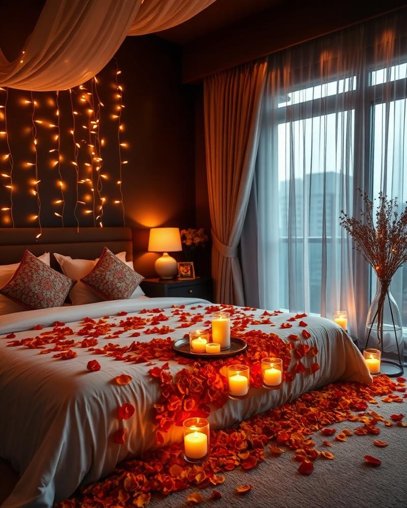 Villa bedroom with curated floral decor and warm fairy lights