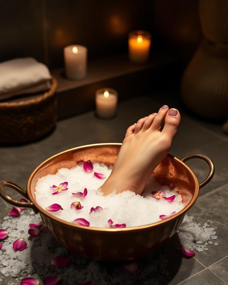 Copper bowl foot soak with epsom salt and rose petals