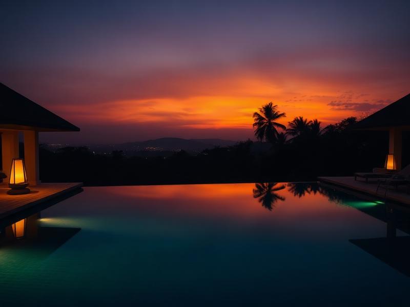 Infinity pool at an ELIVAAS villa glowing at dusk