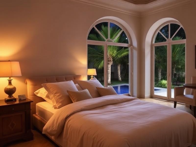 Warmly lit villa bedroom with arched garden windows