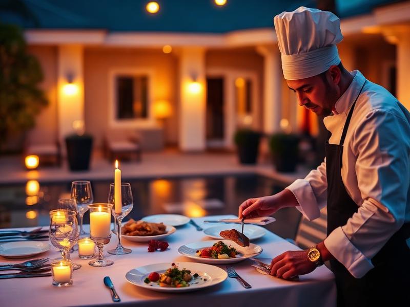 Private chef plating a candlelit dinner at a villa