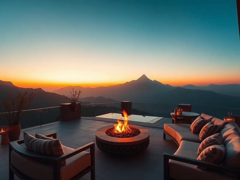 Terrace lounge with fire pit overlooking mountains at sunset